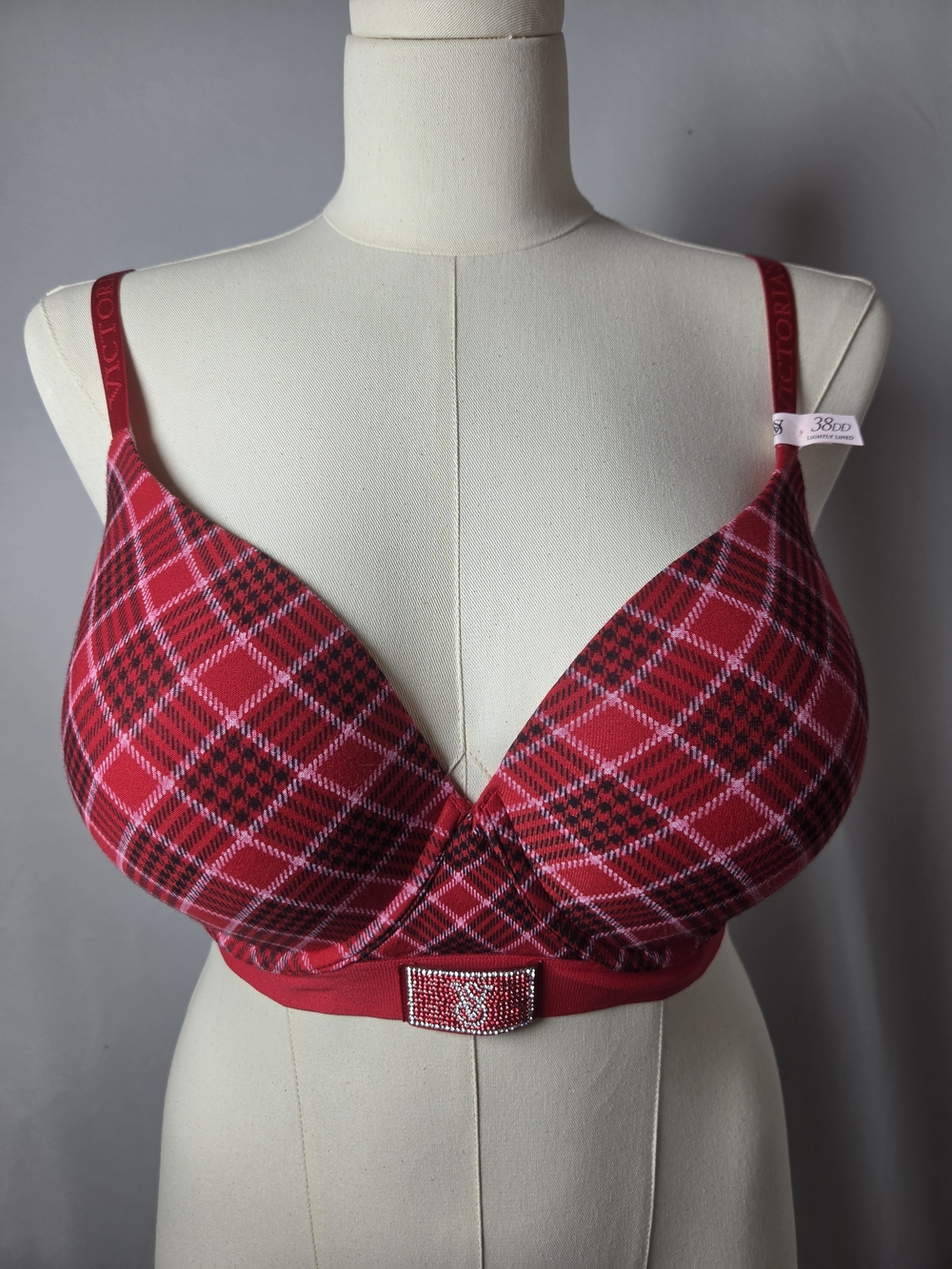 Victoria’s Secret 38DD Red Plaid Rhinestone Logo Lightly Lined Bra NWT Unwired